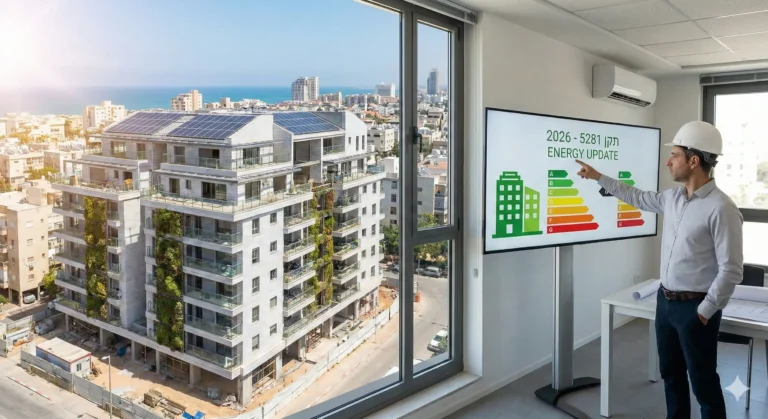 יועץ בנייה ירוקה מנתח נתוני דירוג אנרגטי לתקן 5281 על מסך, על רקע בניין מודרני עם פאנלים סולאריים וקירות ירוקים בתל אביב, 2026