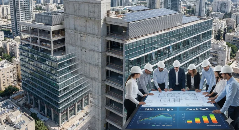 צוות מתכננים בוחן תוכניות למגדל משרדים בשלב גרעין ומעטפת, בהתאמה לתקן בנייה ירוקה 5281 לשנת 2026